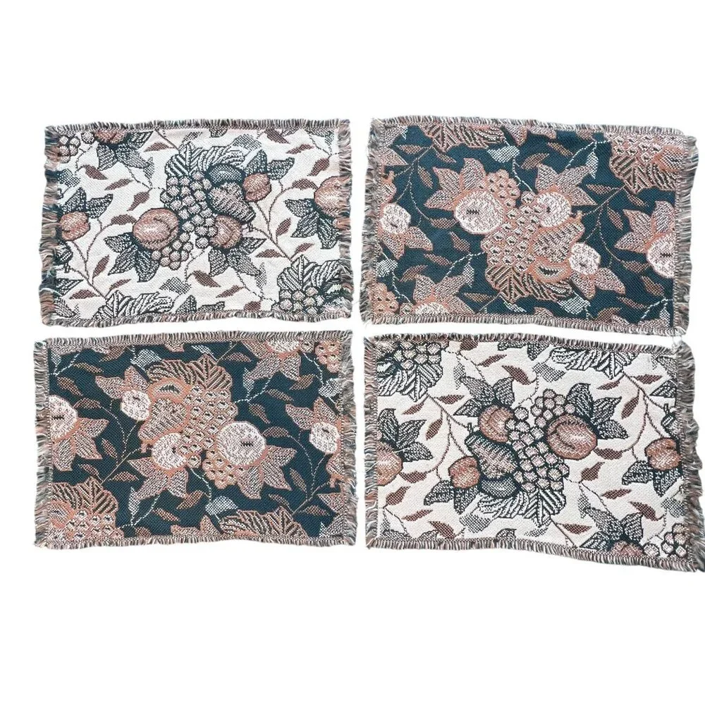 Set of 4 Vintage Tapestry Style Fabric Placemats with Fruit Fringe Edges 19